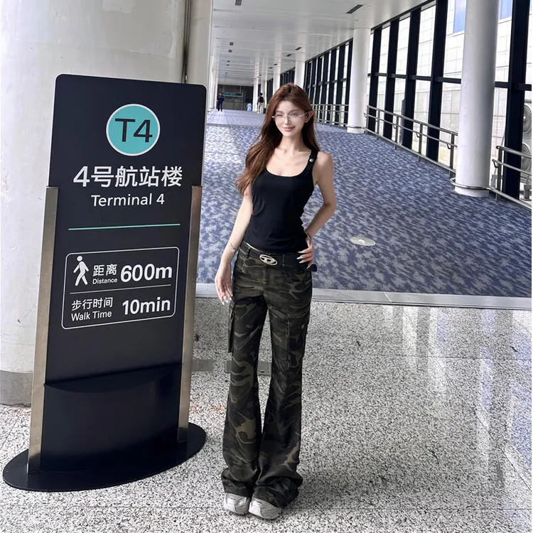 美式辣妹黑色吊带背心女女夏季2025新款高腰显瘦迷彩工装长裤套装