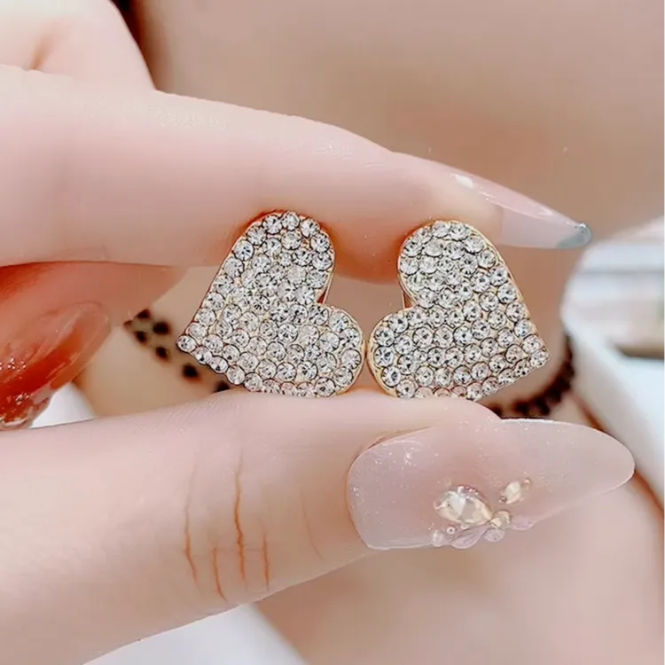 铜合金合成锆石耳饰 03时尚精致满钻心心相印925银针耳环桃心耳环