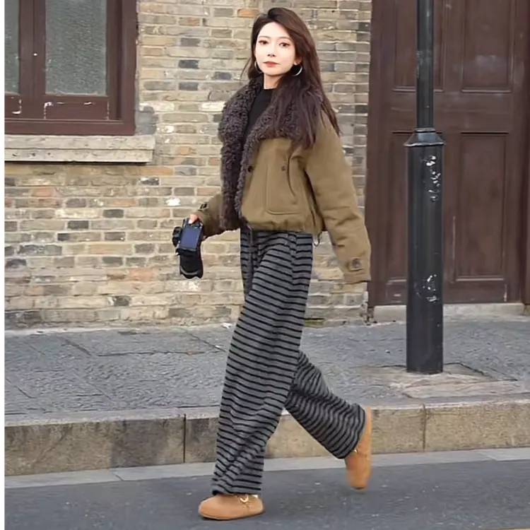 爆款时尚加绒加厚条纹休闲裤女装2025冬季宽松显瘦高腰抽绳阔腿裤