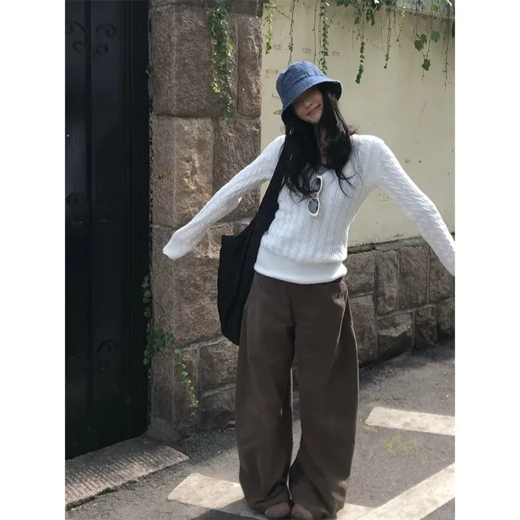 白色V领套头毛衣秋季麻花针织上衣女高腰宽松垂感休闲百搭阔腿裤