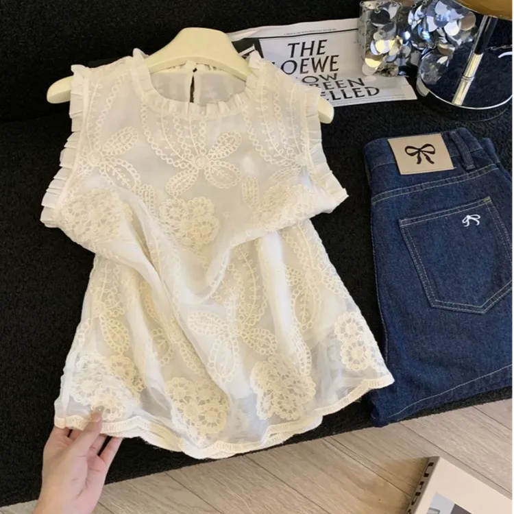 【运费补贴】法式重工刺绣无袖衬衫女夏款2025高级雪纺薄款网纱上衣