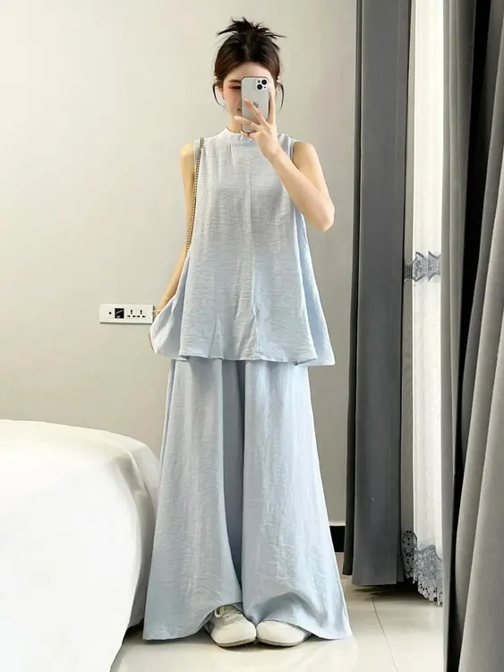 2025夏季新款盐系慵懒风高领无袖衬衫小个子宽松阔腿裤两件套女