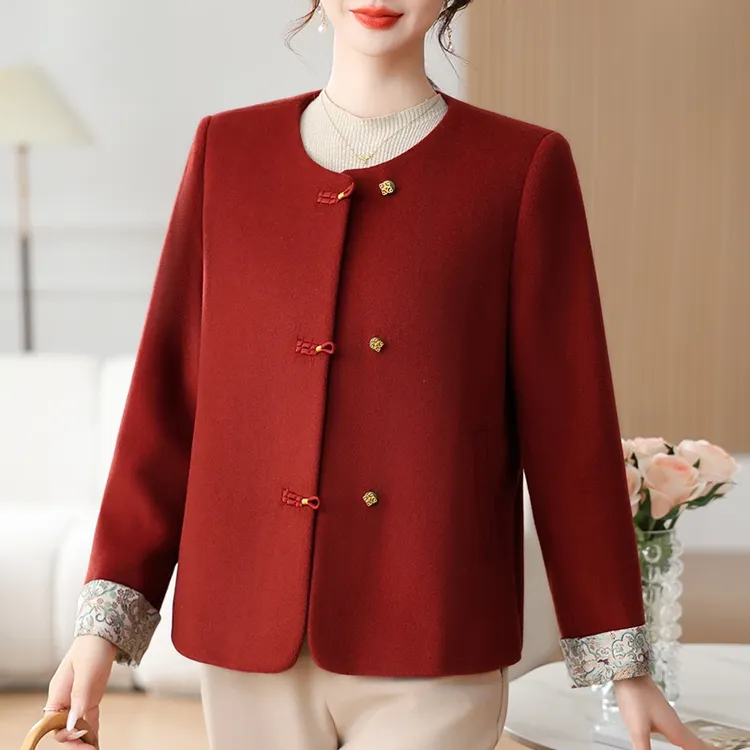 皮尔卡丹喜婆婆婚宴装秋冬季外套中老年妈妈2025新款红色短款上衣