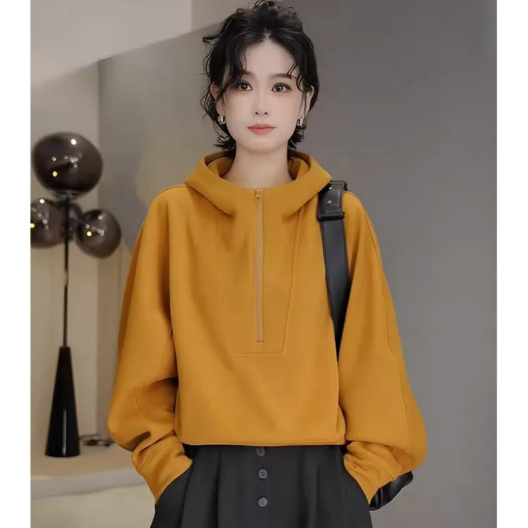 2025年秋季流行连帽半拉链卫衣短外套女爆款时尚洋气宽松显瘦上衣
