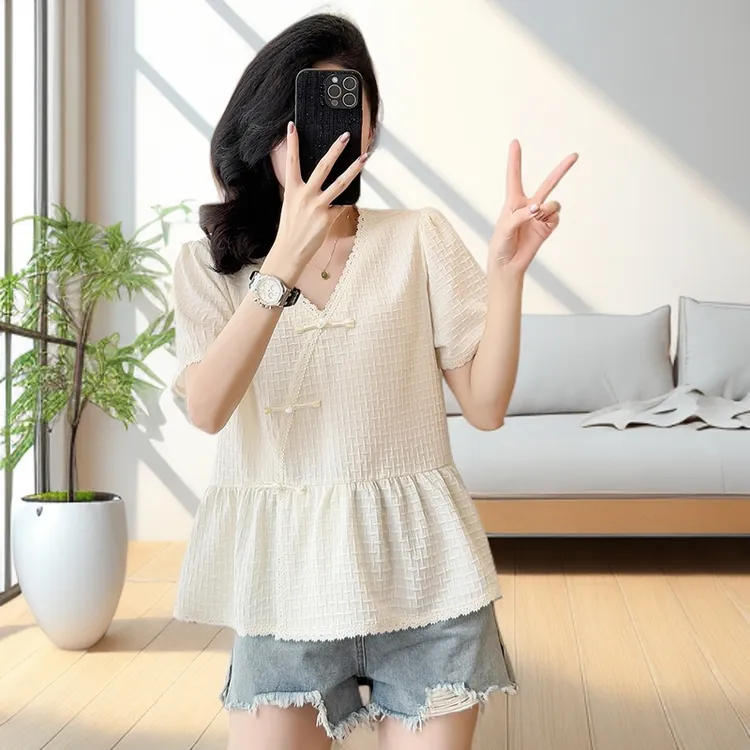夏季新款女装T恤短袖宽松型V领大码纯色复古风减龄显瘦遮肚子上衣