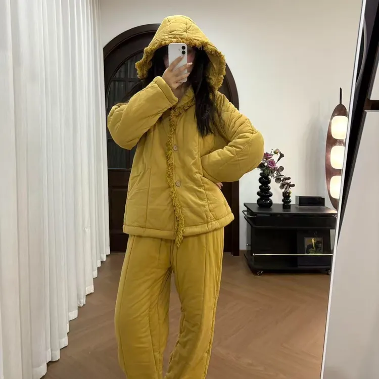 韩版流苏夹棉加厚睡衣女2025年冬季新款连帽宽松家居服套装可外穿