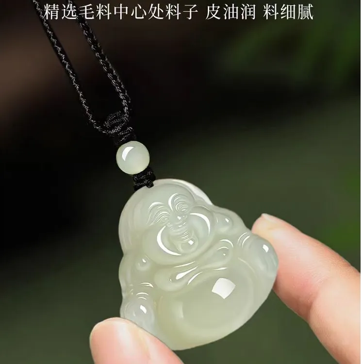 青白玉佛公吊坠女士款天然和田玉弥勒佛项链经典百搭国风附赠证书