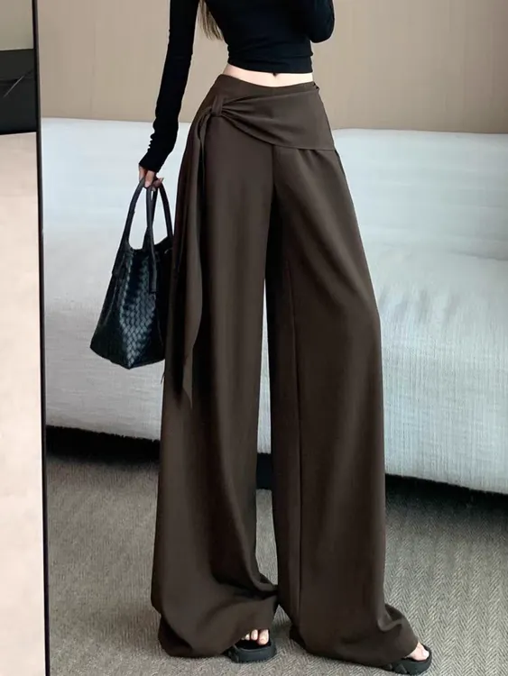 咖色阔腿裤女秋季设计感系带高腰裤显瘦百搭垂坠感直筒拖地休闲裤