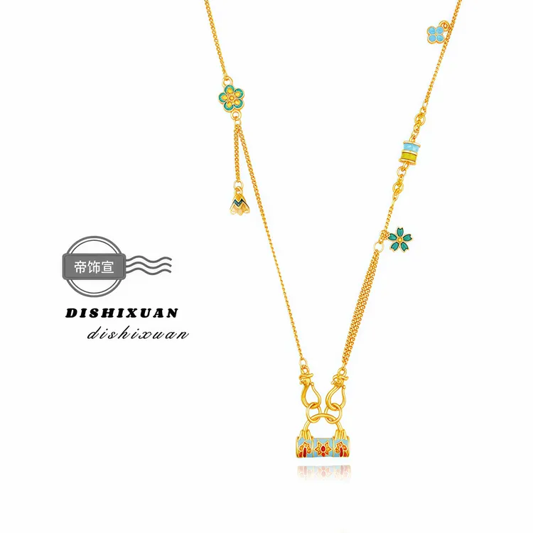 铜合金项链 繁花似锦平安锁宫廷项链新中式轻奢气质小清新锁骨链