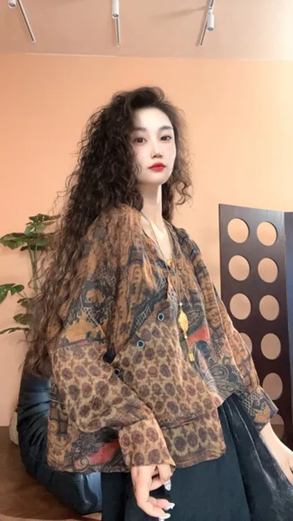 museguhui/木色古汇6667-1#斜襟印花休闲短款百搭气质显瘦上衣