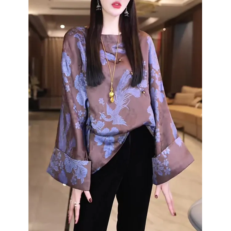 新中式时尚提花衬衫女2025秋季新款民族风宽松显瘦减龄高贵衬衣