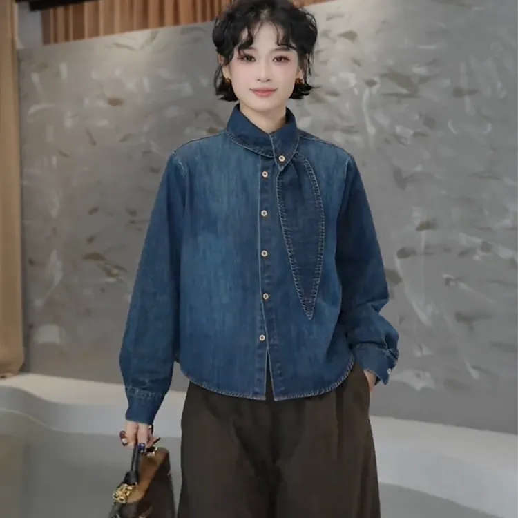 韩系复古风飘带翻领单排扣时尚磨毛抓绒衬衫冬季宽松长袖牛仔上衣