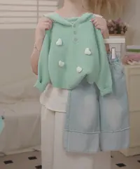 2025秋季新款韩版女童奶绿色连帽针织衫阔腿牛仔裤套装25922B