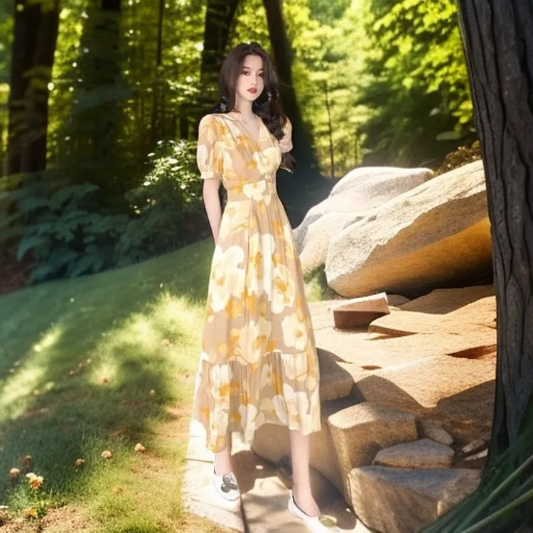 2025年夏新款赫本风可盐可甜长裙脚踝仙气森系甜美碎花连衣裙子女