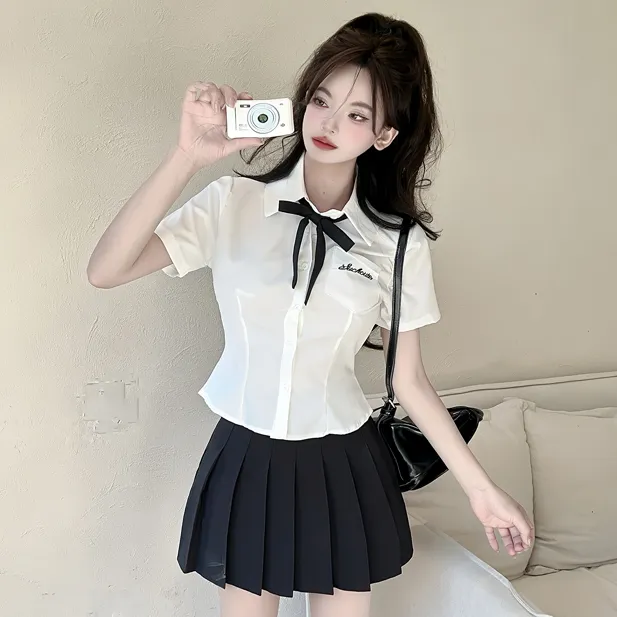 夏季jk制服套装学院风辣妹减龄显瘦短袖白衬衫百褶裙纯欲两件套女