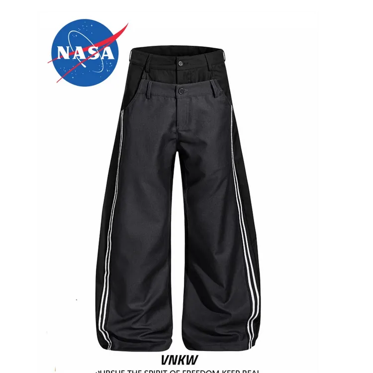NASA联名秋冬撞色双腰头拼接条纹工装休闲裤男女百搭阔腿弯刀长裤