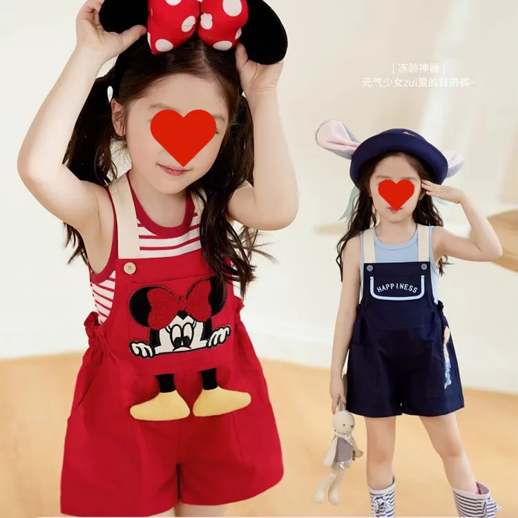 6Y195宝宝背带裤女洋气套装2025夏季新款儿童卡通动漫短裤两件装