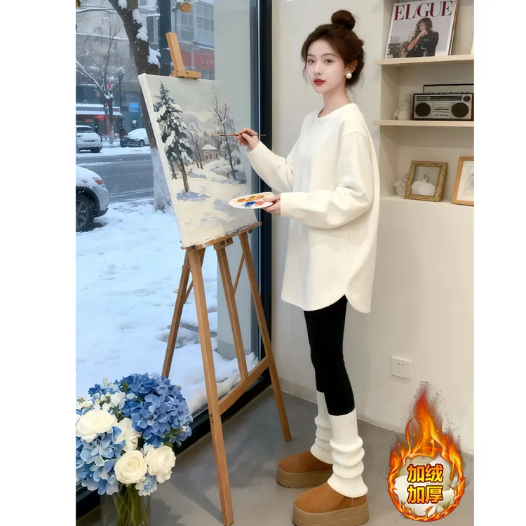 搭配鲨鱼裤的打底衫女秋冬加绒保暖中长款遮屁股内搭长袖T恤上衣