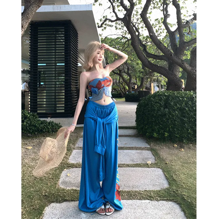 夏季海岛度假性感背心水果印花抹胸阔腿裤伞裤休闲运动裤两件套女