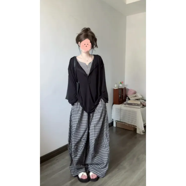 慵懒美式空气感防晒罩衫女早秋松弛感长袖针织面膜T恤+格子裤套装