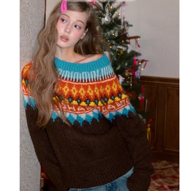 wooha 吾哈2025冬季新款拉毛费尔岛宽松氛围感毛衣女