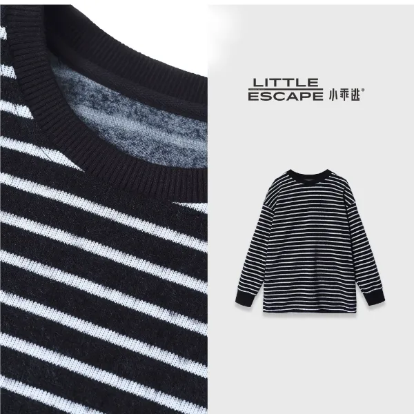 小乖逃黑白色条纹卫衣圆领黑色袖口毛绒感慵懒风宽松秋冬TS8173
