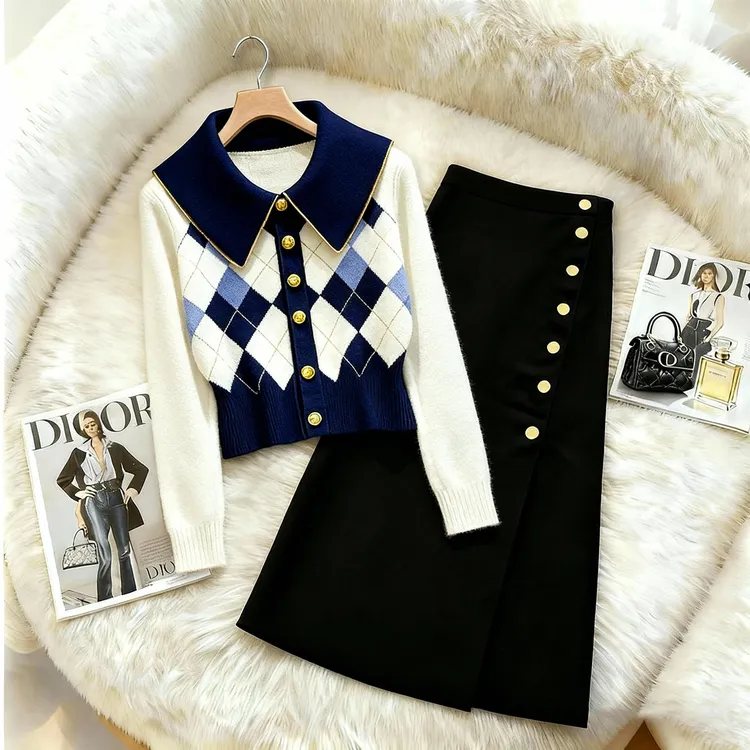 2025冬季新款法式时尚气质超好看复古菱格上衣显瘦半身裙两件套装