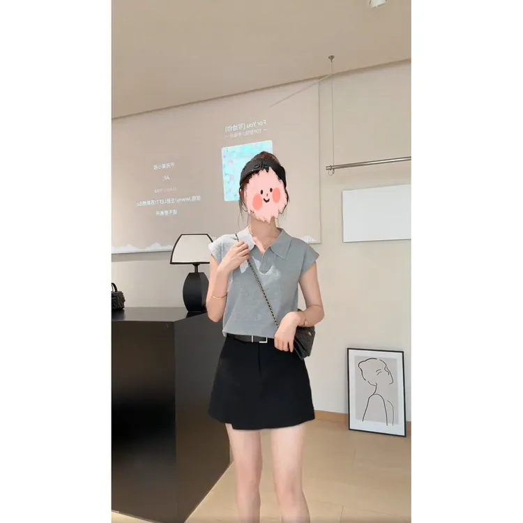 韩系polo领短袖女夏季2025新款设计感小飞袖上衣高腰半身裙套装