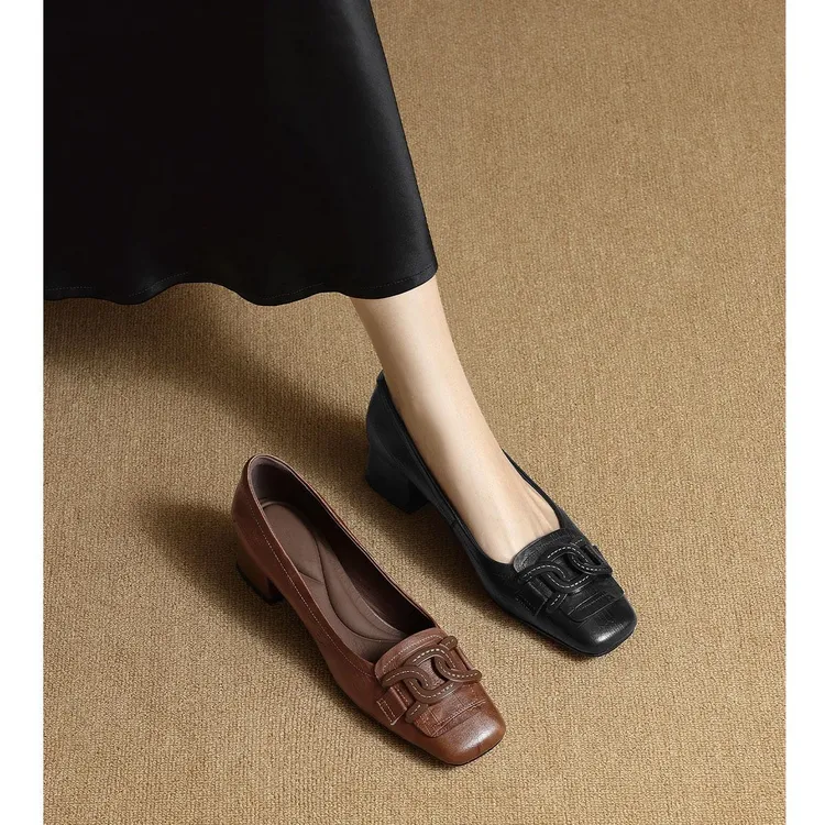 女款爆款2025新款4cm方头时尚粗跟真皮单鞋轻奢鞋子女ins潮牌百搭