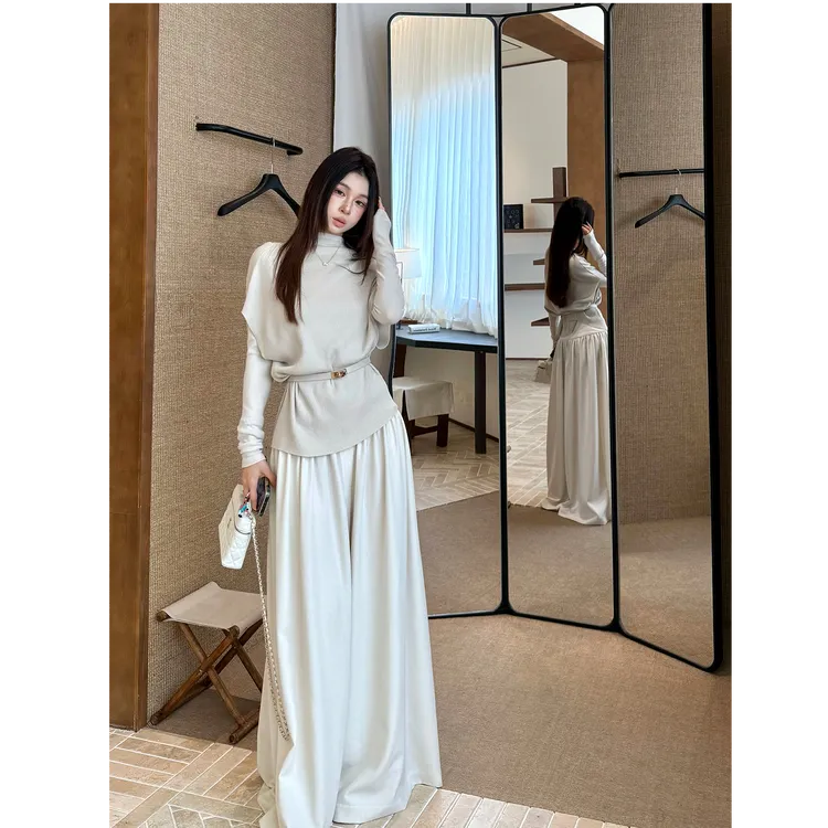 【现货】秋季法式宽松毛衣罩衫长袖内搭上衣高腰阔腿长裤套装X11411