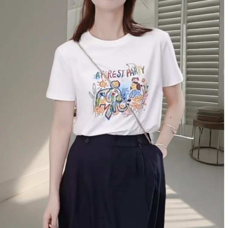 2025夏季新品短袖T恤时尚简约高级感设计休闲欧货印花圆领上衣女