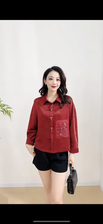 长袖衬衫安暗纹提花女装休闲常规时尚小衫九分袖新中式新款气质