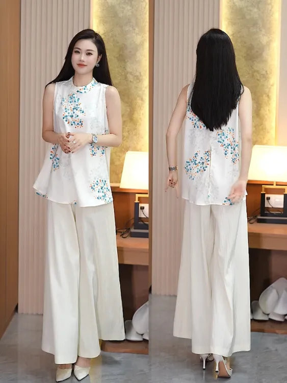 时尚套装女士夏季新款洋气碎花无袖上衣高腰阔腿裤气质穿搭两件套