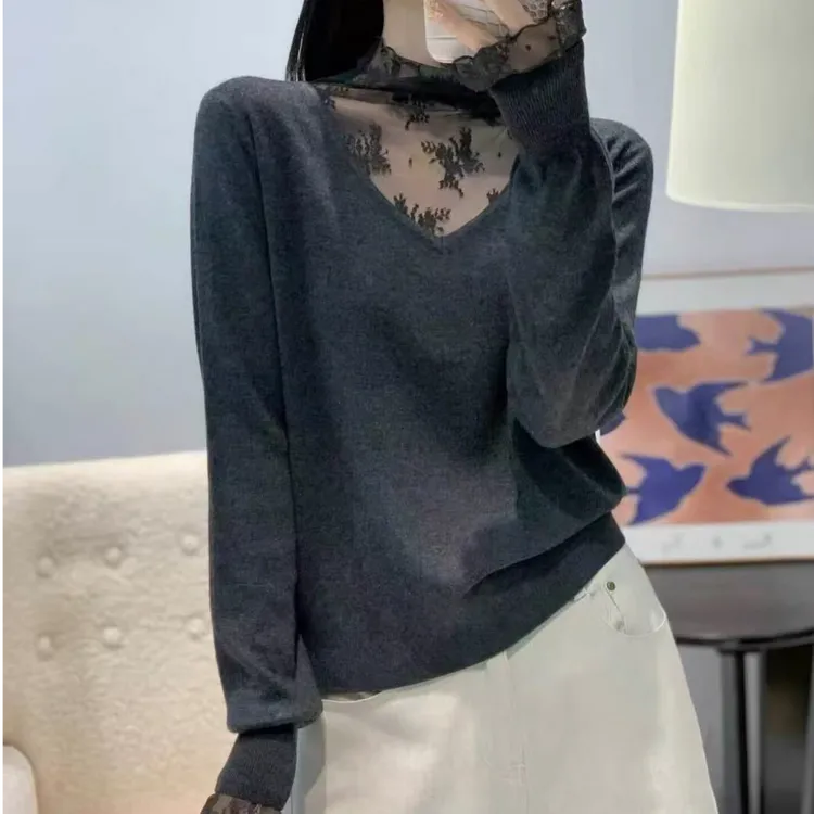 蕾丝拼接针织衫韩系设计感修身显瘦百搭打底毛衣秋冬洋气镂空上衣