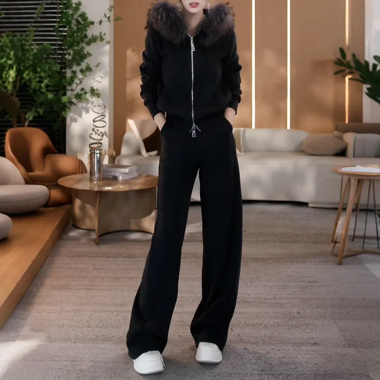 独特漂亮冬装一整套女可拆卸毛毛领加绒拉链开衫上衣阔腿裤两件套