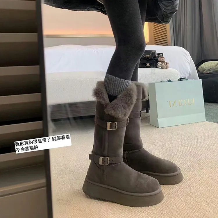 现货灰色真毛厚底高筒雪地靴女2025冬季新款加绒加厚东北雪地棉鞋