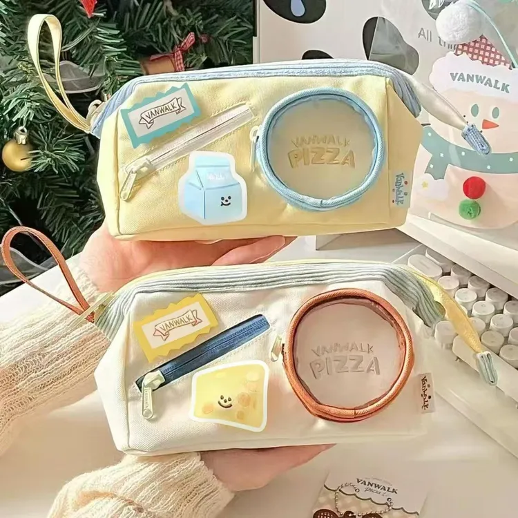 超萌芝士牛奶披萨笔袋ins可爱高颜值大容量铅笔袋学生多层文具袋