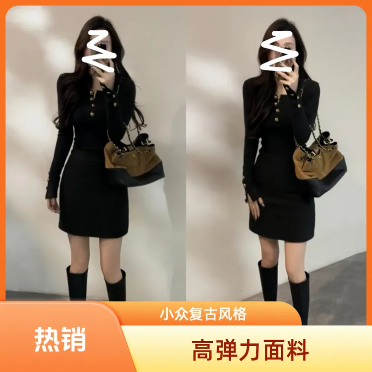 小个子冬季加绒加厚气质复古长袖连衣裙女显瘦小众百搭打底短裙潮