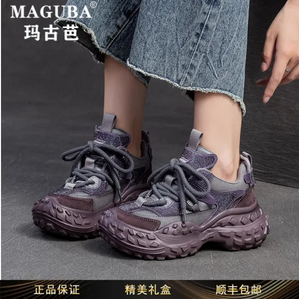 玛古芭女鞋真皮厚底防滑老爹鞋女新款百搭增高轻便透气运动休闲鞋