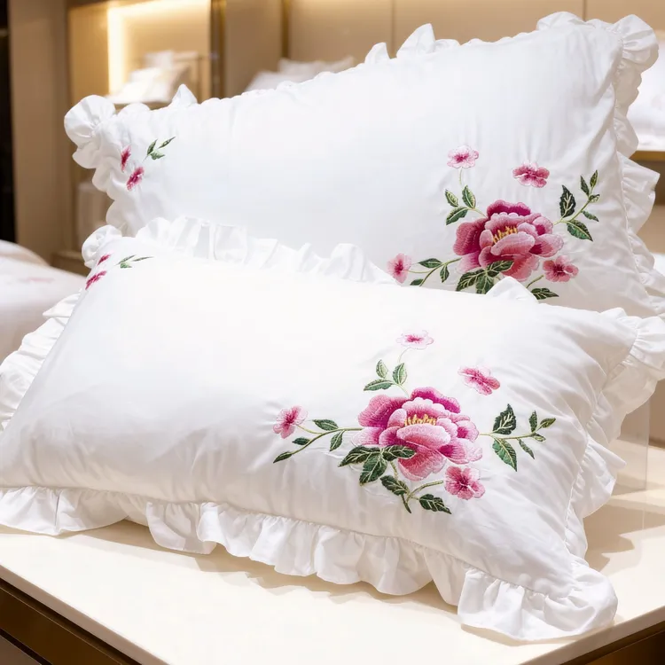 纯棉刺绣牡丹花枕套一对绣花荷叶边公主风韩版枕套单人学生枕套