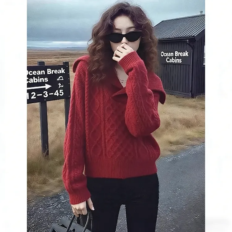 设计感翻领针织上衣大码小香风2025新款修身慵懒风宽松毛衣女秋冬