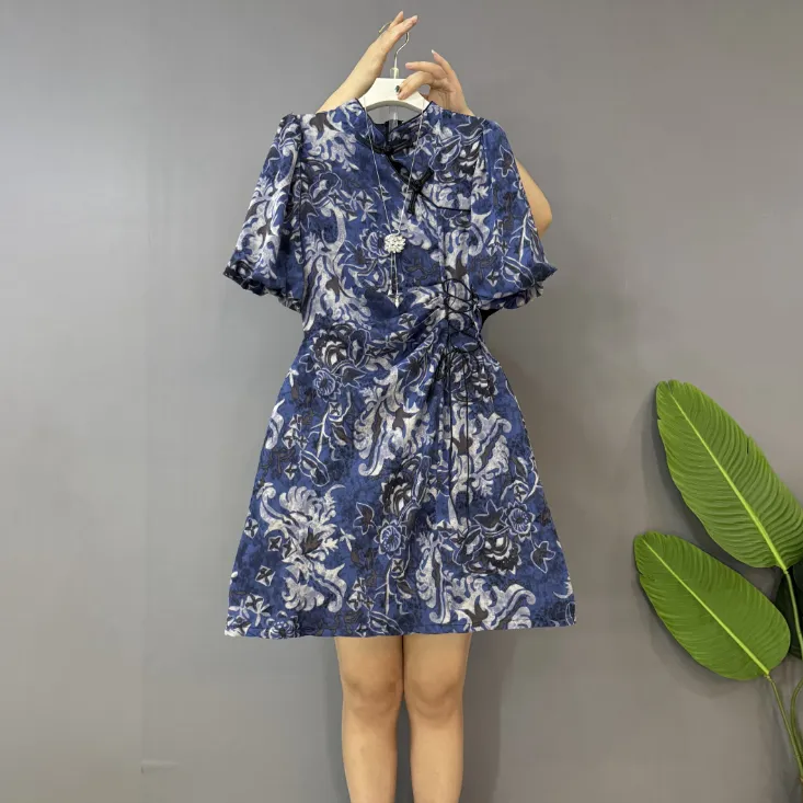 夏季新款大码时尚气质复古改良版碎花旗袍连衣裙