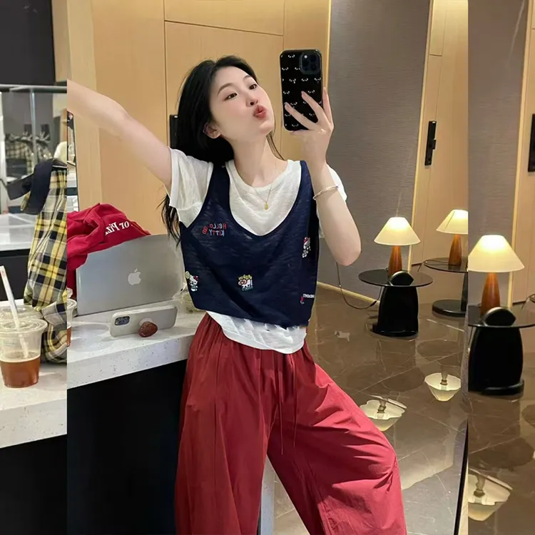 美式复古百搭上衣2025夏季新款刺绣卡通KT猫假两件针织衫短袖上衣