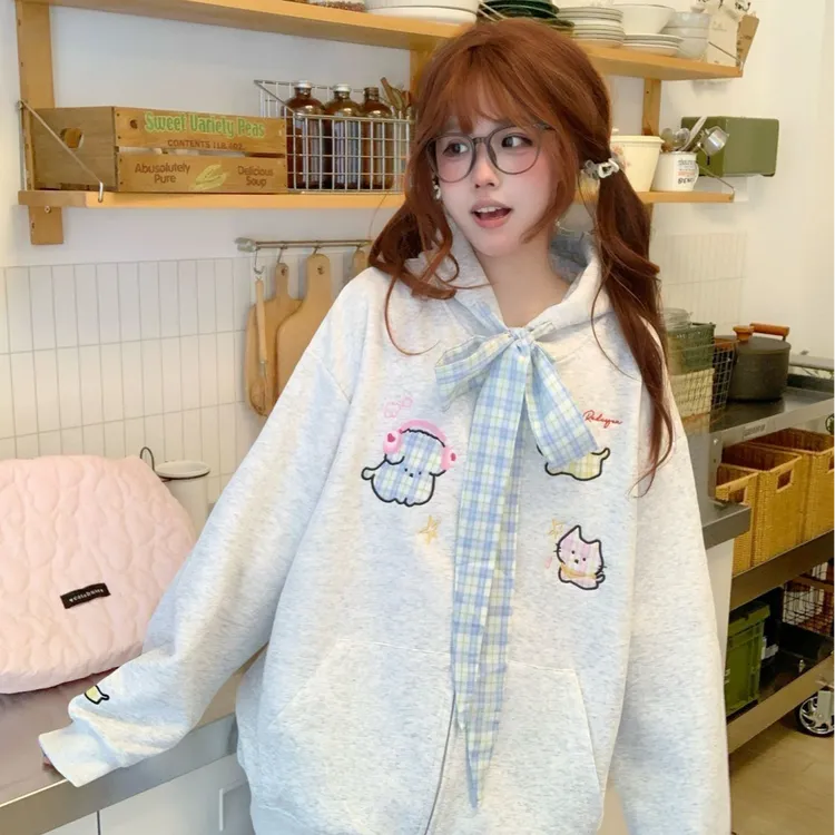 刺绣格纹蝴蝶结连帽卫衣女2025新款潮牌高街帽衫