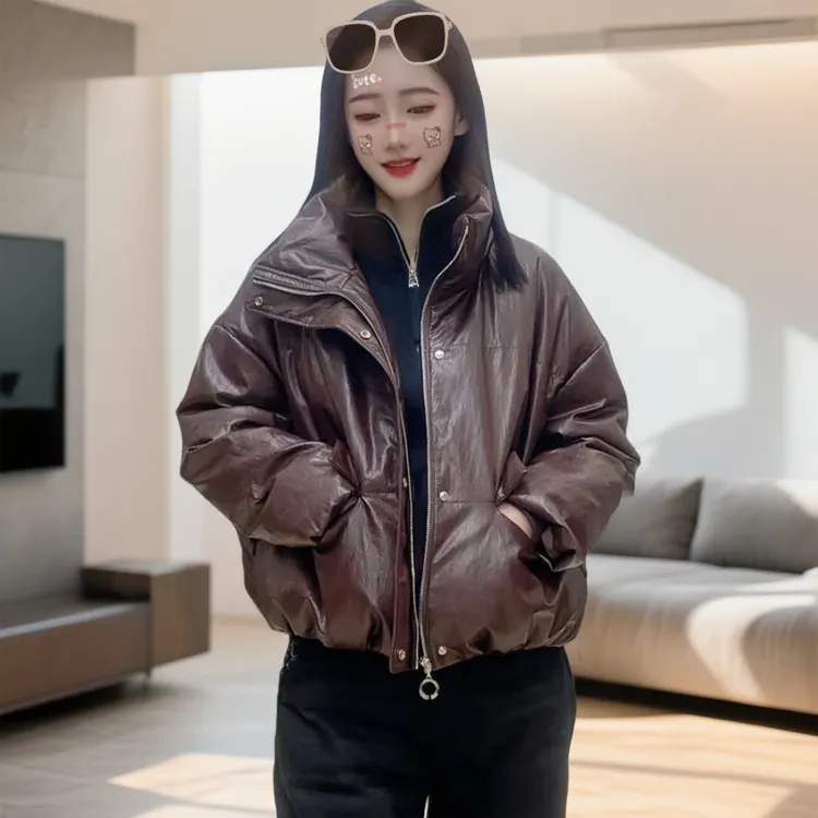 真皮短款轻职风一等品百搭立领时尚宽松小个子长袖衣长约56cm