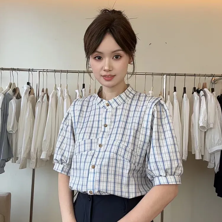 032法式洋气拼接棉衬衣女春装新款长袖百搭上衣