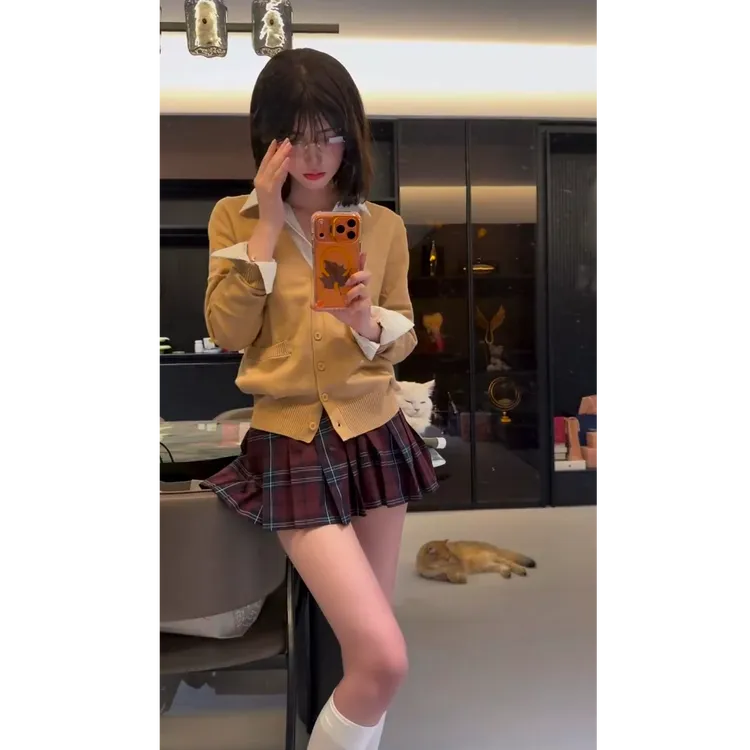 2025秋季纯欲polo领假两件衬衫领长袖针织衫女jk制服百褶裙俩件套