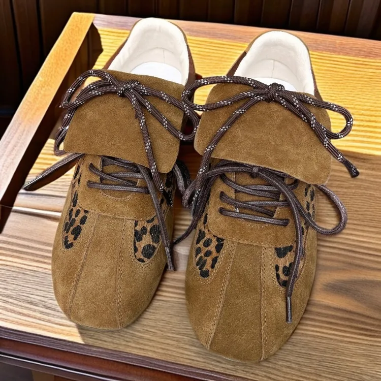 【高定轻奢】新款miu风德训鞋复古豹纹系带翻盖女休闲运动板鞋鹿皮