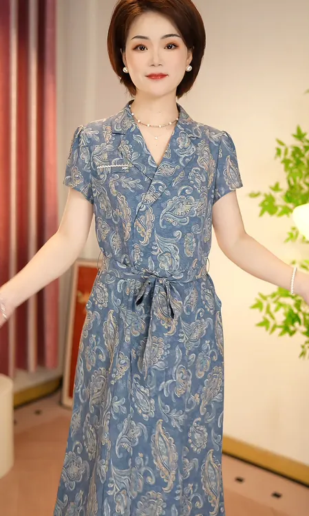 夏季新款牛仔蓝系带特色印花A字裙西服领过膝织玉女装连衣裙