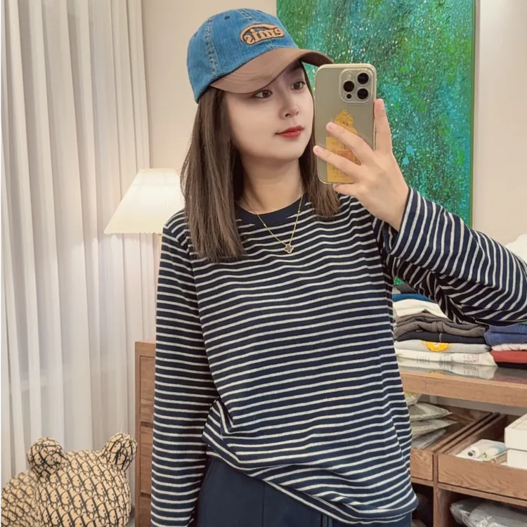 藏蓝条纹正肩显瘦宽松高级感百搭长袖T恤 21235
